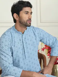 Anouk Blue Floral Embroidered Sequinned  Mandarin Collar Straight Kurta