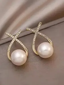 Celestique Artificial Stones Studded & Pearls Beaded Contemporary Shaped Korean Studs
