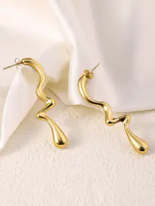 MEENAZ Stainless Steel Gold-Plated Contemporary Shaped Anti Tarnish Drop Earrings