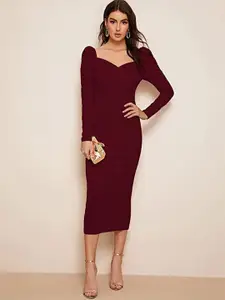 DressBerry Women Puff Sleeve Bodycon Midi Dress