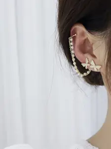 Celestique Artificial Stones Studded And Pearls Beaded Butterfly Shaped Ear Cuffs