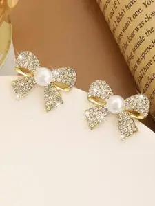 Celestique Gold-Plated Zircon Stones Studded And Pearls Beaded Contemporary Drop Earrings