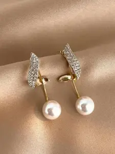 Celestique Artificial Stones Studded And Pearls Beads Contemporary Shaped Drop Earrings