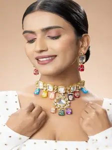 Niscka Gold Plated Kundan Studded Necklace And Earrings