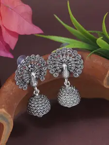 I Jewels Silver-Plated Peacock Shaped Oxidised Drop Earrings