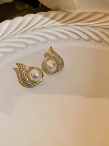 Celestique Pearls And Artificial Stones Studded Contemporary Shaped Studs