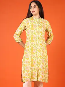 V-Mart Floral Printed Mandarin Collar Roll-Up Sleeves Straight Kurta