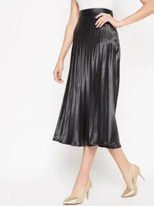 ZWERLON Women Satin Pleated A-Line Midi Skirt