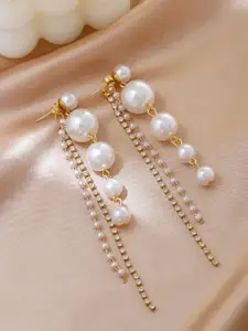 Celestique Gold-Plated Artificial Stones Studded & Beaded Contemporary Drop Earrings