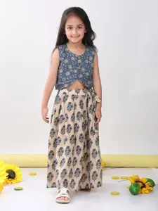 Sangria Girls Floral Printed Cotton Top With Lehenga