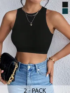 TOOCHKI Women Pack Of 2 Ribbed Ribbed Round Neck Tops