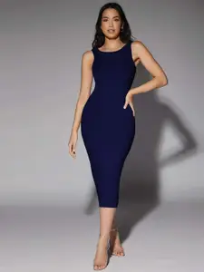 BAESD Solid Round Neck Bodycon Midi Dress