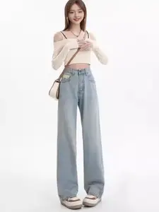 DressBerry Women Cotton Straight Fit High-Rise Light Fade Jeans