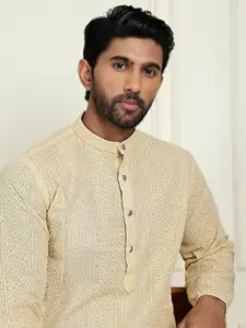 Anouk Beige Geometric Embroidered Chikankari Mandarin Collar Pure Cotton Straight Kurta