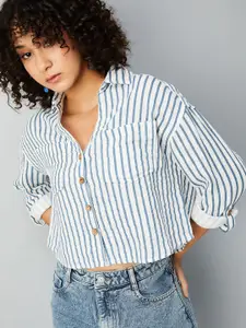 max Women Boxy Fit Spread Collar Vertical Striped Cotton Casual Shirt