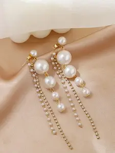 Celestique Artificial Stones Studded And Pearls Beaded Contemporary Shaped Drop Earrings