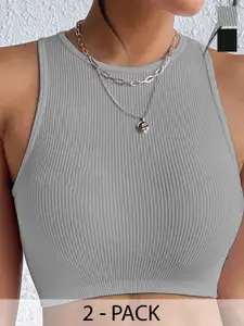 BAESD Women Pack Of 2 Ribbed Ribbed Round Neck Tops