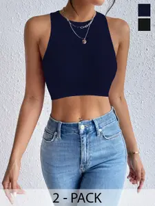 BAESD Women Pack Of 2 Ribbed Round Neck Crop Tops