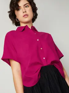 max Women Relaxed Fit Spread Collar Solid Cotton Linen Casual Shirt