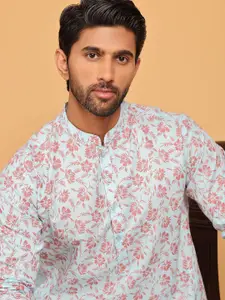 Anouk Blue Floral Printed Mandarin Collar Cotton Kurta