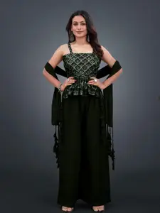 SANCIA Shoulder Straps Sequinned Georgette Ethnic Top With Palazzos & Dupatta