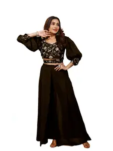 SANCIA Floral Embroidered Sweetheart Neck Top With Palazzo & Dupatta