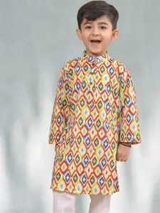 Sangria Boys Yellow Geometric Printed Mandarin Collar Straight Kurta
