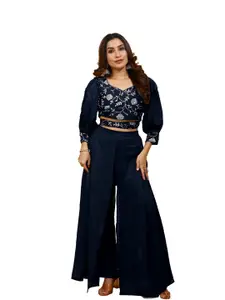 SANCIA Sweetheart Neck Embroidered Ethnic Crop Top With Palazzo
