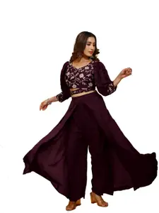 SANCIA Floral Embroidered Sweetheart Neck Top With Palazzo & Dupatta