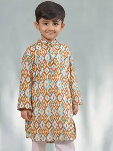Sangria Boys Brown Geometric Printed Mandarin Collar Cotton Straight Kurta