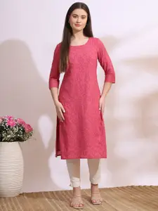 W Floral Embroidered Thread Work Round Neck Straight Kurta