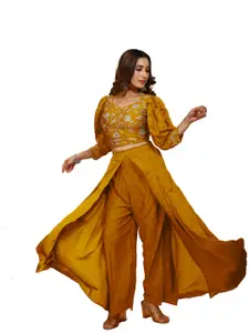 SANCIA Embroidered Puff Sleeves Crop Top With Palazzo