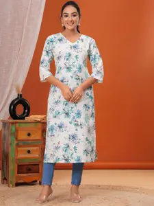 Nayo Floral Printed V-Neck Kantha Work Cotton Straight Kurta