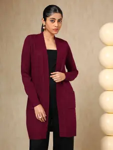 Soch Maroon Self Design Longline Open Front Shrug