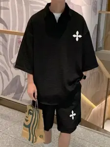 StyleCast Black Self Design Polo Collar T-Shirt With Shorts
