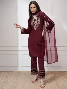 Vishudh Women Embroidered Velvet Short Kurta with Slim Palazzo and Dupatta