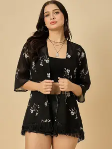 Azira Floral Printed Tasselled Open Front Georgette Shrug