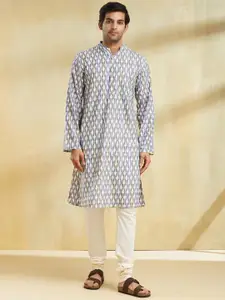Fabindia Ethnic Motifs Printed Band Collar Cotton Straight Kurta