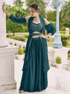 SANCIA Floral Embroidered Sequins Top With Palazzos And Dupatta With Detachable Sleeves
