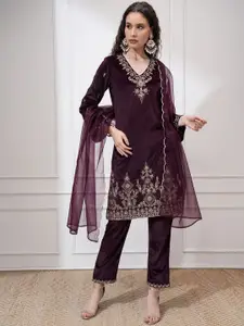 Vishudh Women Embroidered Velvet Short Kurta With Slim Palazzo & Dupatta