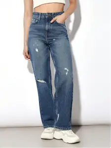 ONLY Women Relaxed Fit High-Rise Mildly Distressed Light Faded Cotton Retro Denims Jeans