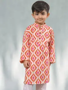 Sangria Boys Red & Beige Geometric Printed Mandarin Collar Cotton Straight Kurta
