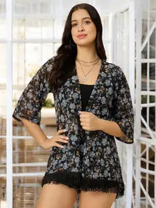 Azira Floral Printed Tasselled Open Front Georgette Shrug