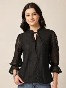 Style Quotient Tie-Up Neck Puff Sleeve Cotton Top