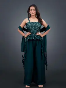 SANCIA Floral Embroidered Sequins Top With Palazzos And Dupatta