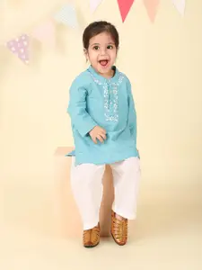 Fabindia Boys Band Collar Thread Work Chikankari Pure Cotton Straight Kurta With Trousers
