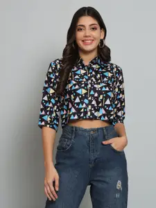 Funday Fashion Women Boxy Fit Spread Collar Geometric Printed Casual Shirt