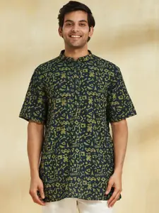Fabindia Geometric Dabu Printed Band Collar Cotton Short Kurta