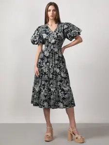 Vero Moda Women Tropical Printed Puff Sleeve Pure Cotton Fit & Flare Midi Dress