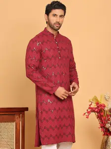 Jompers Chevron Printed Sequinned Mandarin Collar Straight Kurta